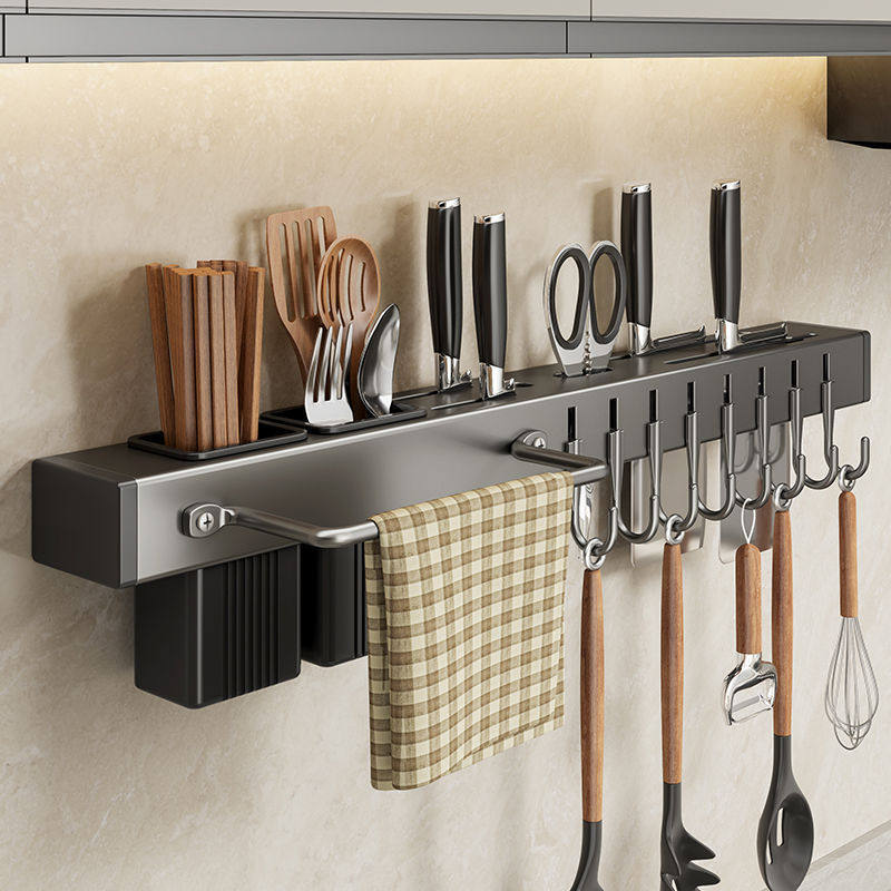 免打孔厨房刀架置物架壁挂式多功能刀具筷子筒锅铲勺子一体收纳架