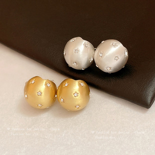 银针镶钻星星拉丝圆形耳钉简约轻奢气质耳环高级感小众独特耳饰女