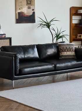 黑色沙发客厅2025新款办公室接待会客三人位复古风皮艺沙发小户型