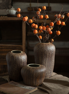 景德镇新中式木纹陶瓷花瓶复古粗陶花器家居民宿酒店台面装饰摆件