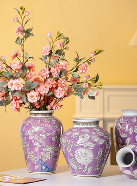 景德镇紫色陶瓷花瓶仿古典青花瓷花瓶博古架客厅电视柜插花瓷器
