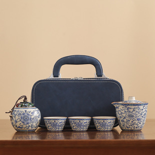 盖碗缠枝莲旅行茶具茶叶罐整套陶瓷套装 伴手礼快客杯户外汝窑礼品