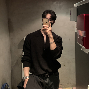 内搭 设计感半拉链毛衣英伦轻熟风休闲POLO衫 黑色翻领针织衫 男个性