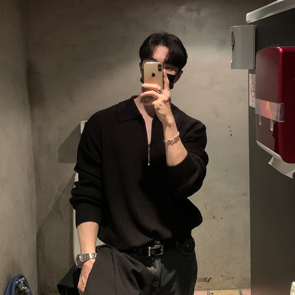 黑色翻领针织衫男个性设计感半拉链毛衣英伦轻熟风休闲POLO衫内搭