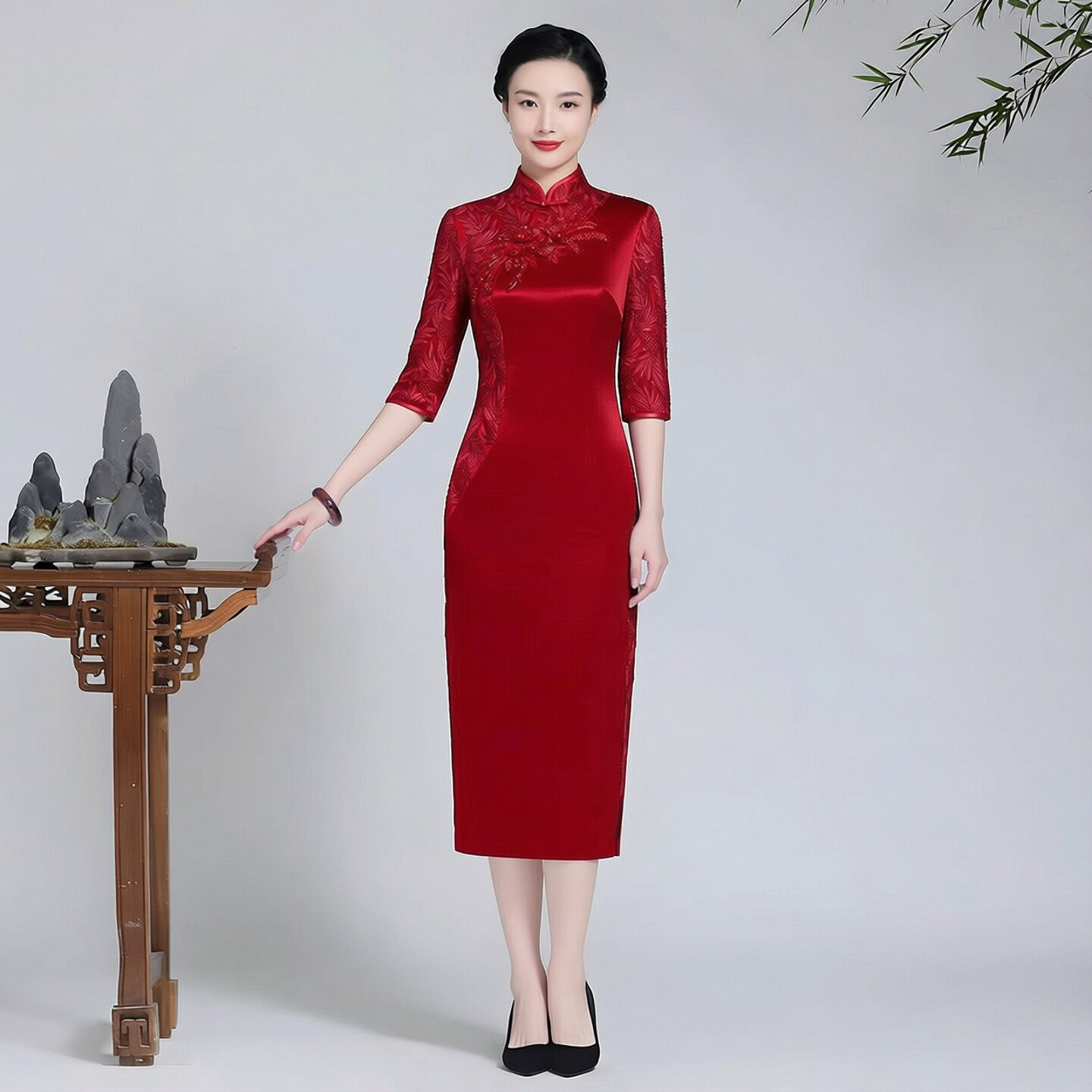 醋酸缎面旗袍中长款七分袖婚宴喜妈妈装高端改良式中国风高档礼服