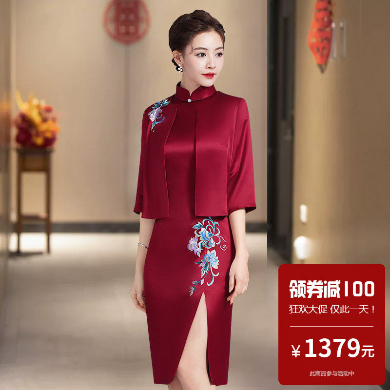 醋酸缎面旗袍小外套两件套装高端大气上档次妈妈婚礼气质显年轻款