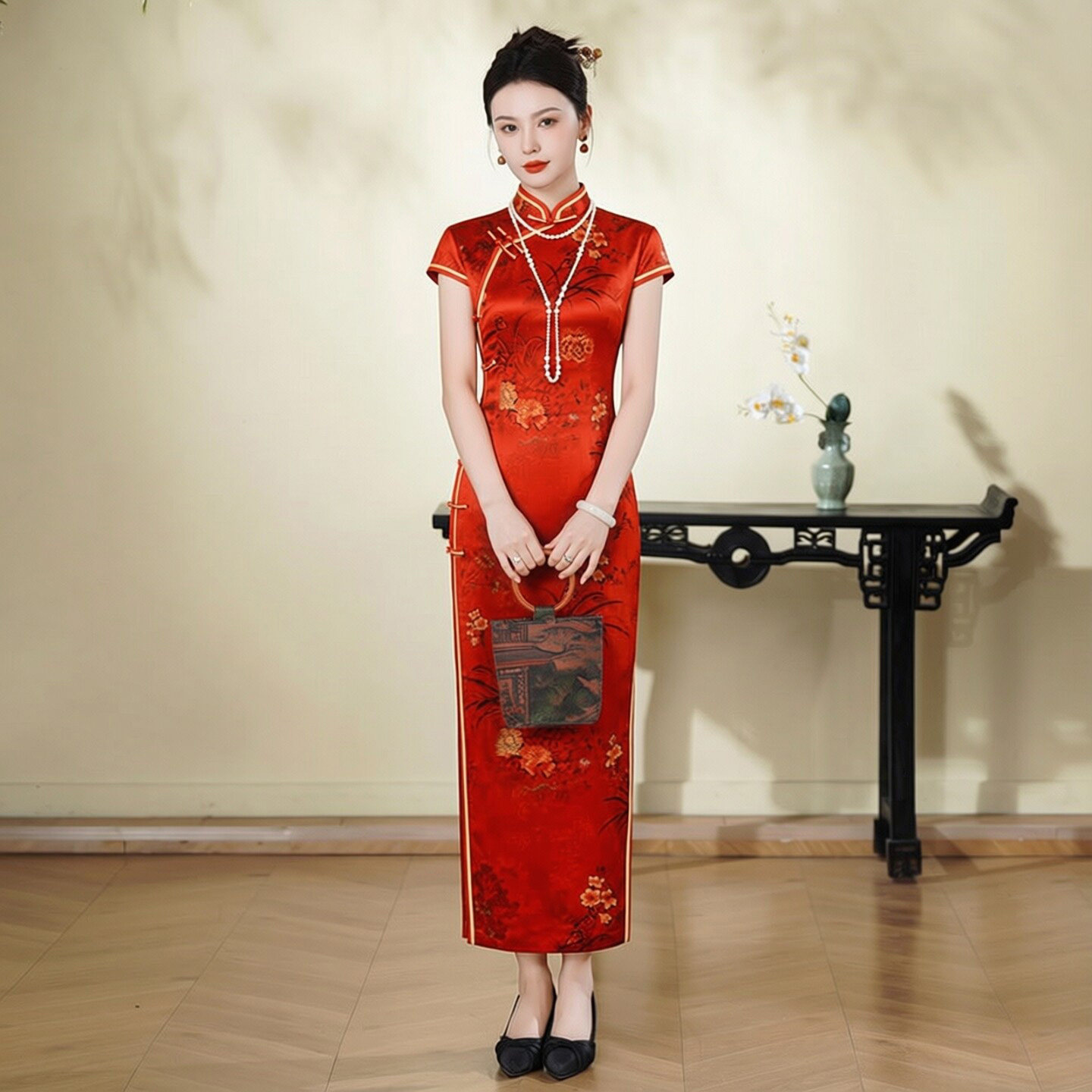 重磅真丝桑蚕丝旗袍长款红底小花图案老上海复古苏杭海派中式礼服