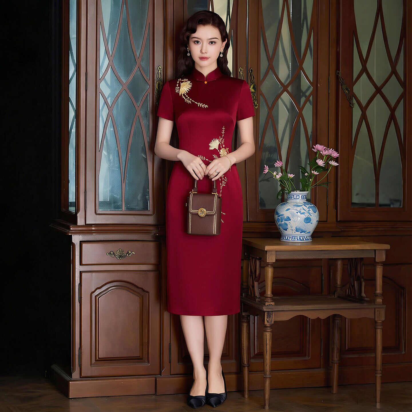 醋酸缎面旗袍中长款敬酒服新娘妈妈高端大气小个子适合参加婚礼的