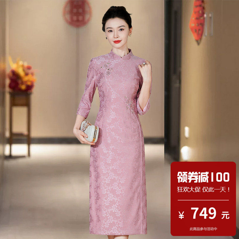高档蕾丝中长款高端婚礼妈妈晚礼服高贵洋气旗袍女大码胖mm新中式