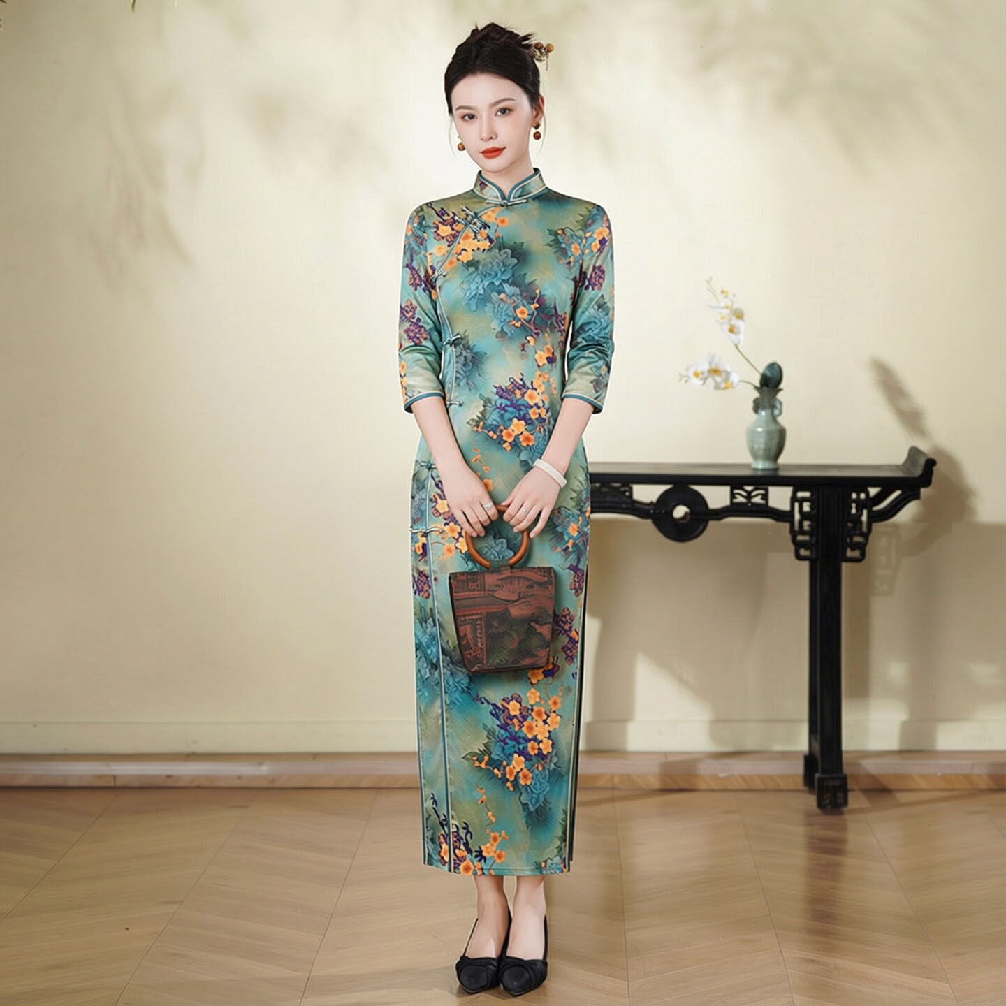 高端真丝旗袍桑蚕丝长款七分袖走秀演出老上海复古民国时期妈妈装