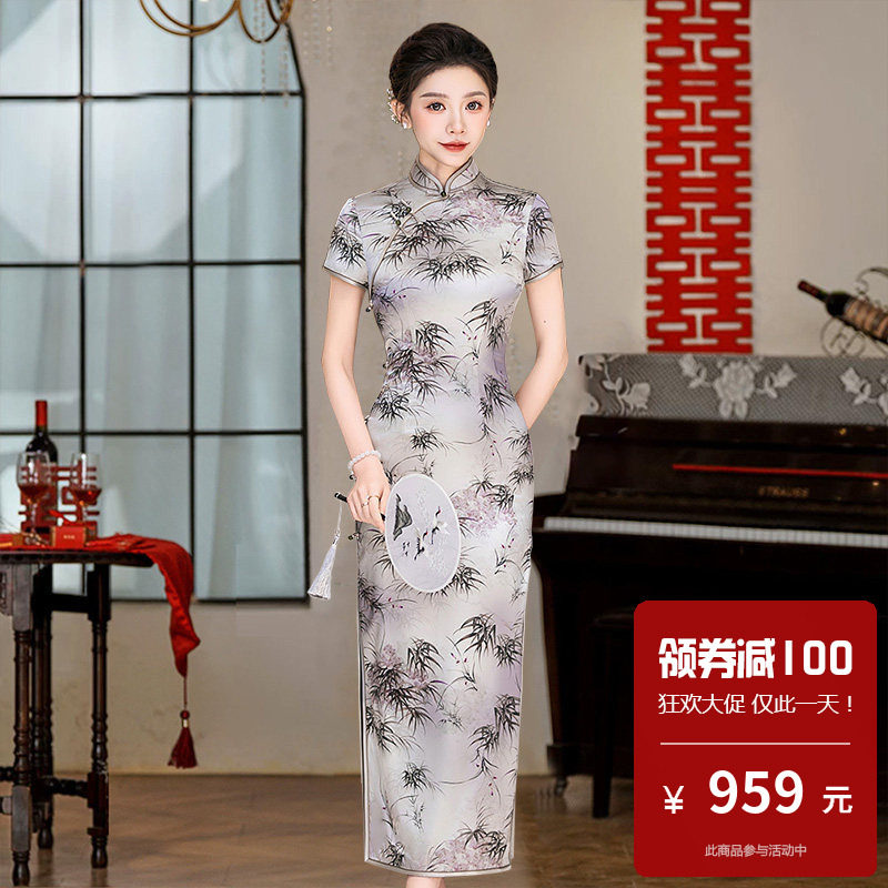重磅真丝桑蚕丝旗袍长款短袖老上海高端大气上档次改良式中国风春