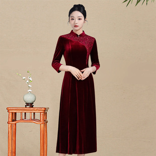 金丝绒旗袍式连衣裙中长修大裙摆不开叉秋冬蕾丝拼接结婚参加婚礼