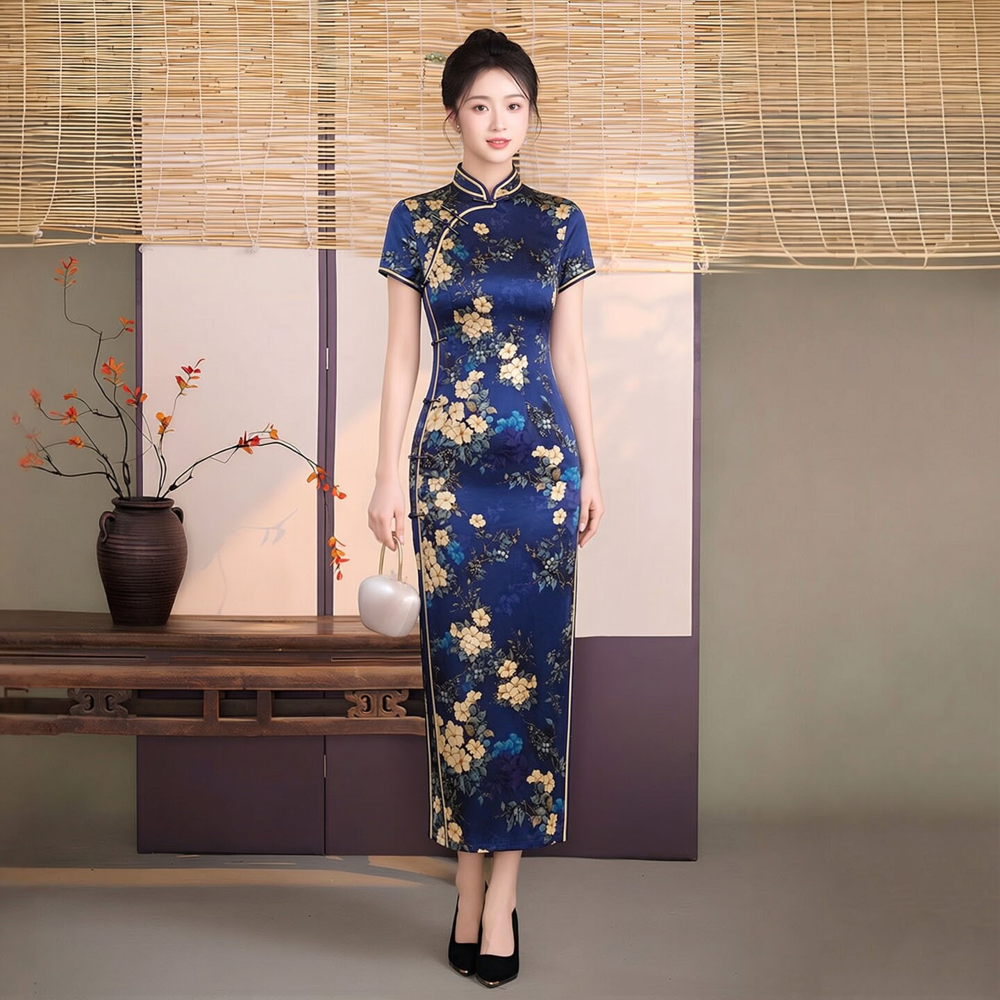 桑蚕丝真丝旗袍长款蓝底花色传统复古妈妈装苏杭海派走秀演出礼仪
