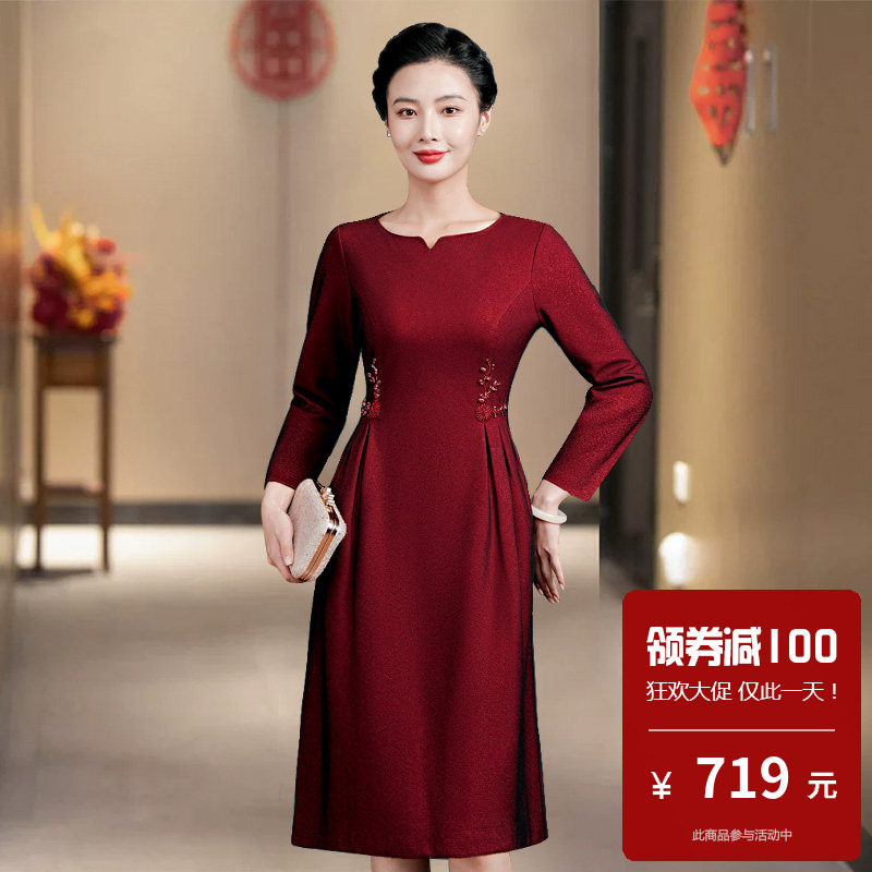 罗马棉复合网纱50多岁妈妈旗袍裙高端婚礼气质显年轻中年遮肚子春
