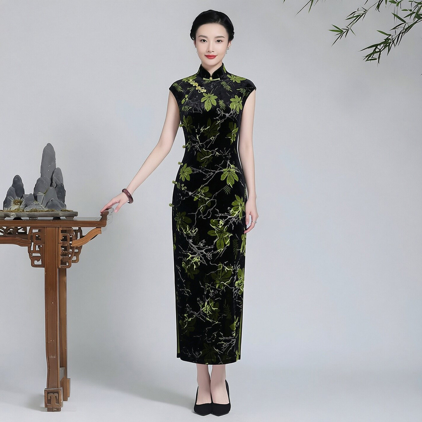 丝绒旗袍长款女新中式日常可穿秋冬现代女改良时尚年轻款大码胖mm