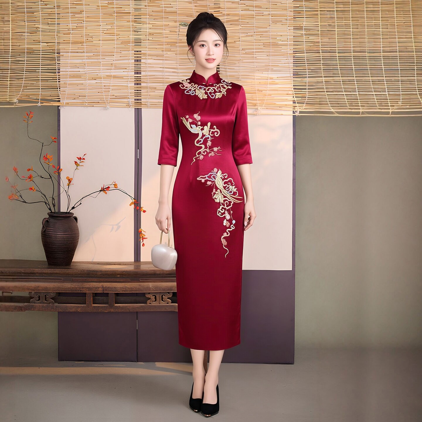 醋酸缎面旗袍长款七分袖姐姐婚宴礼服喜婆婆姨妈妈高端轻奢小众春