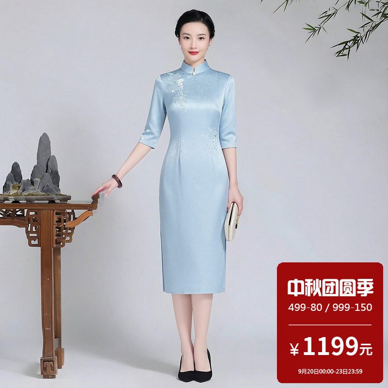 醋酸缎面旗袍短款女高级感小个子年轻款妈妈装婚礼服参加女儿结婚