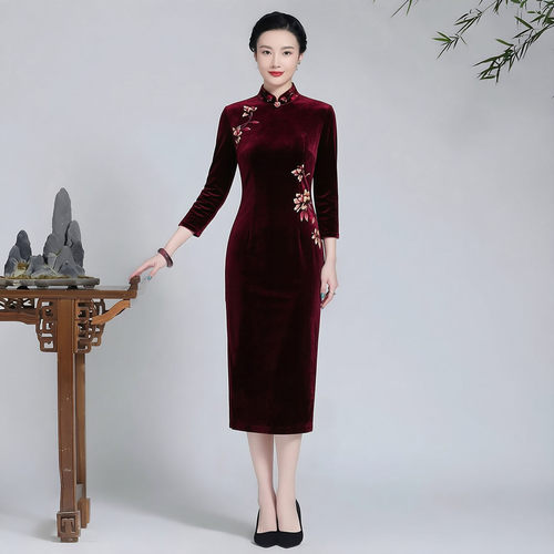 金丝绒旗袍中长款长袖中年妈妈遮肚子连衣裙适合高考妈妈穿的礼服