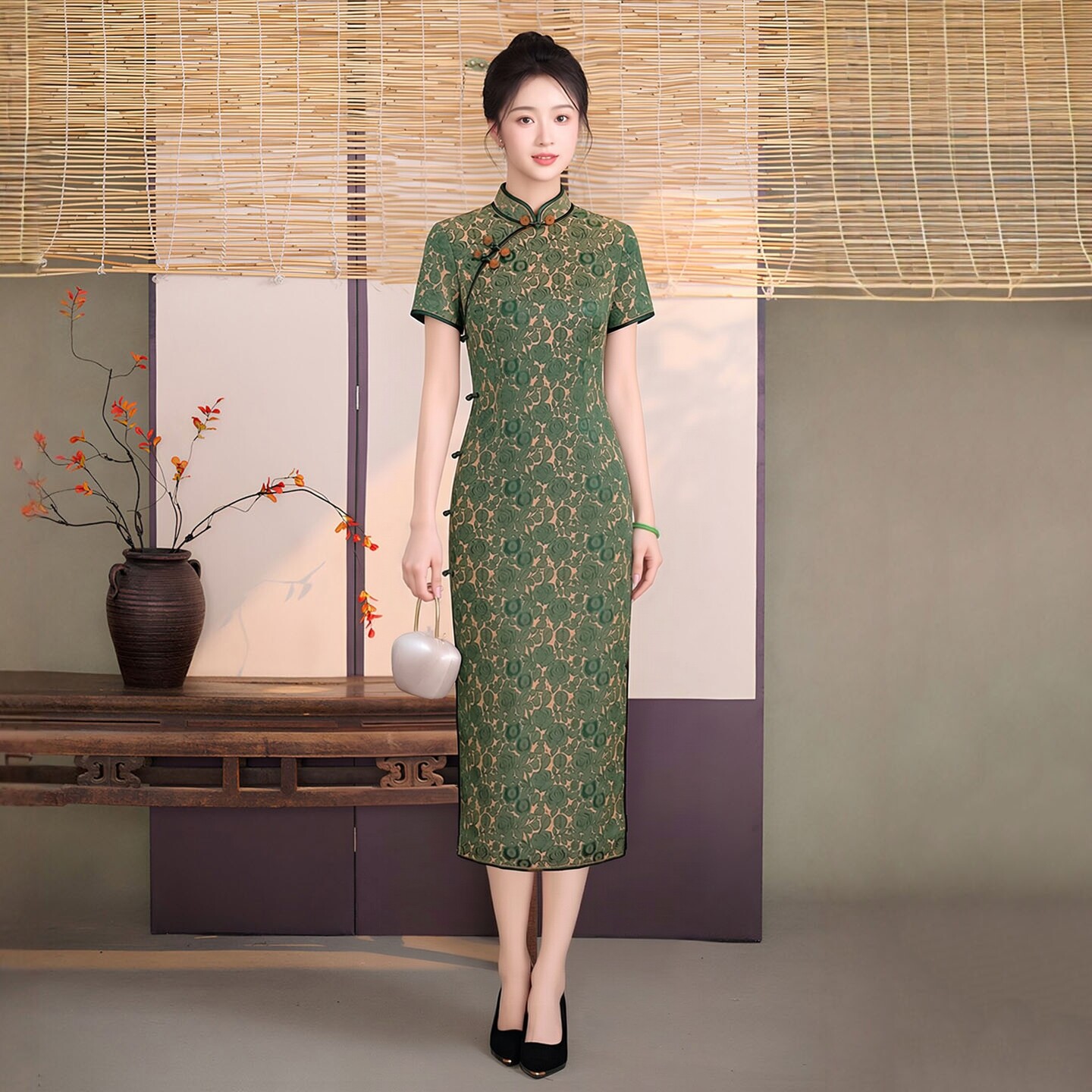 仿醋酸旗袍长款高档奢华优雅改良日常可穿低领祺袍女新款初夏斜襟