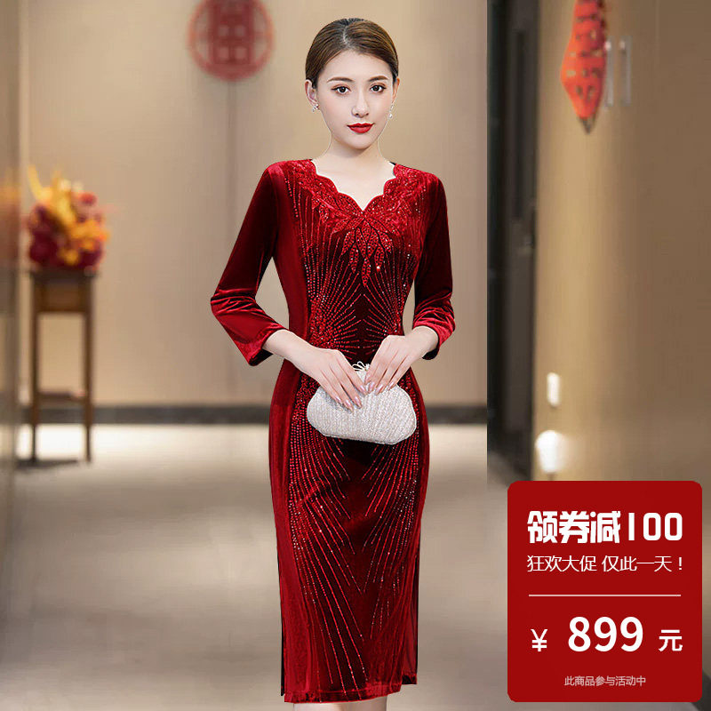 高档丝绒旗袍胖妈妈婚宴礼服年轻晚宴女高贵名媛秋冬喜婆婆小个子