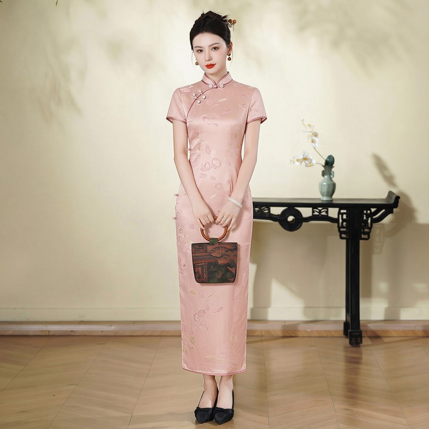 重磅真丝桑蚕丝旗袍长款短袖现代女改良时尚年轻款别致绝美高级感