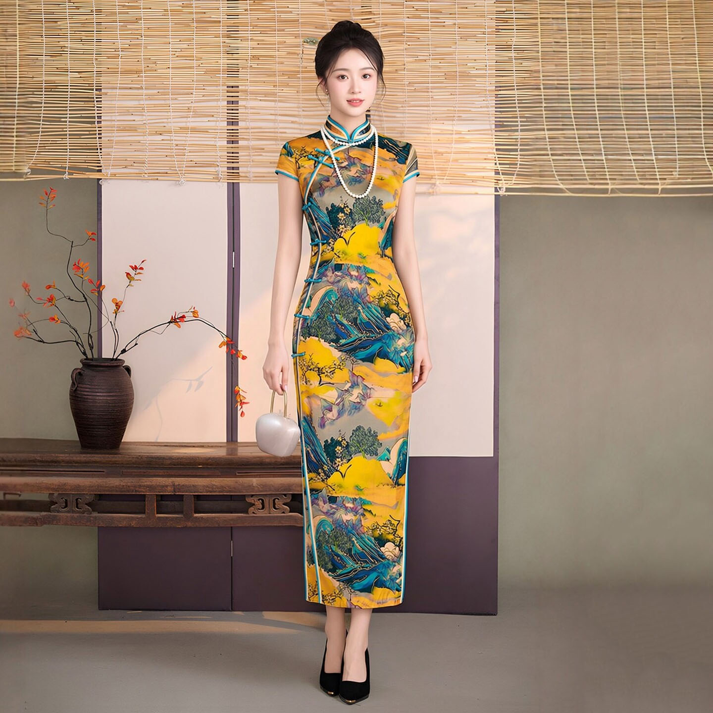 重磅真丝桑蚕丝旗袍长款走秀演出礼服中式名媛气质淑女改良妈妈装