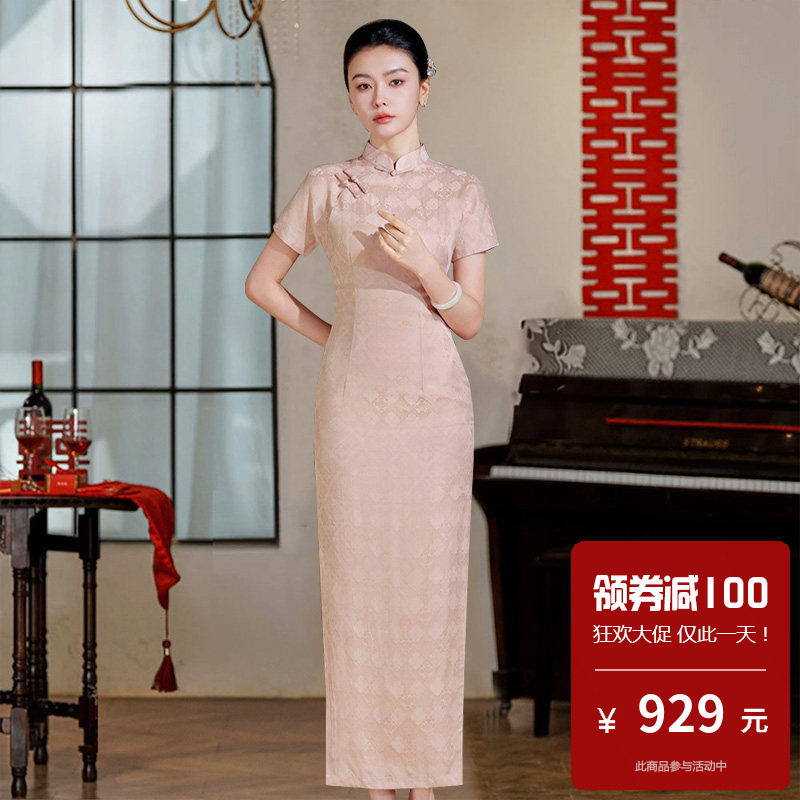 铜氨丝旗袍长款短袖老上海滩复古高级感港风女新中式日常可穿轻奢