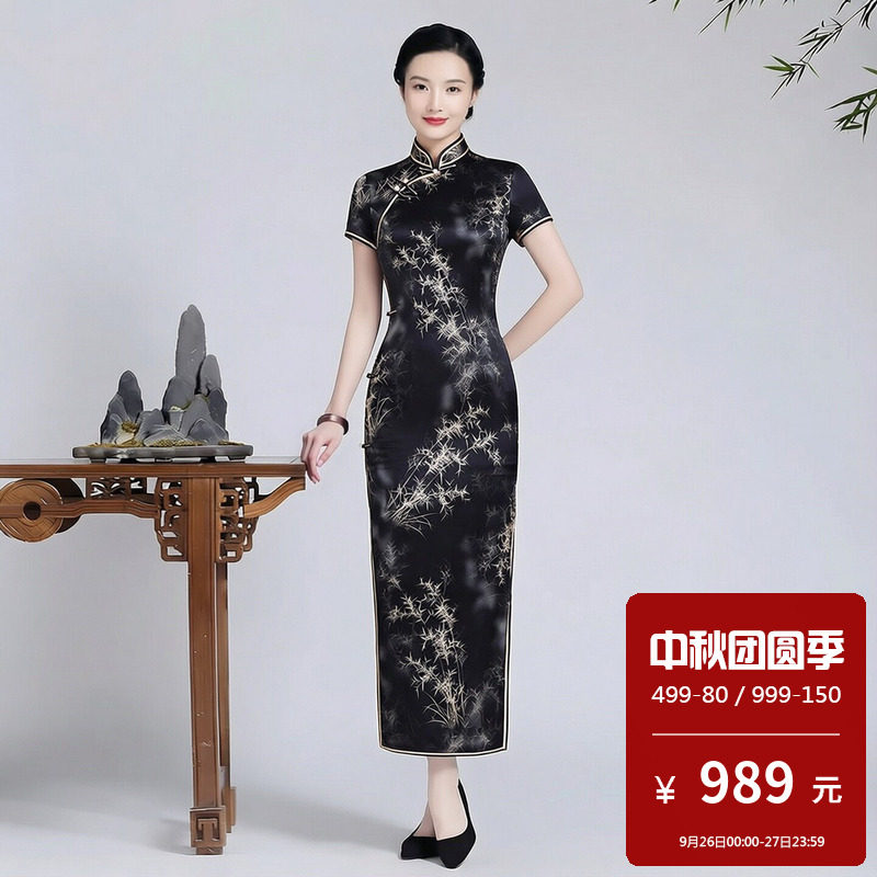 重磅真丝桑蚕丝旗袍长款黑色港派复古高级高端年轻新中式改良性感