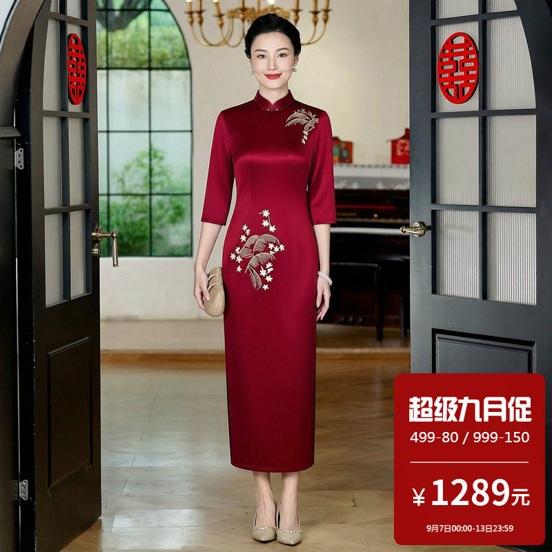 醋酸缎面旗袍长款七分袖高端妈妈婚礼气质显年轻胖mm大码高档奢华