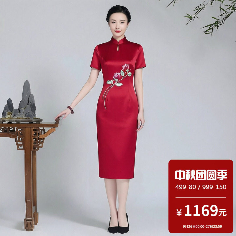 高端刺绣醋酸缎面旗袍裙中长款敬酒服大码胖mm改良版年轻款小个子