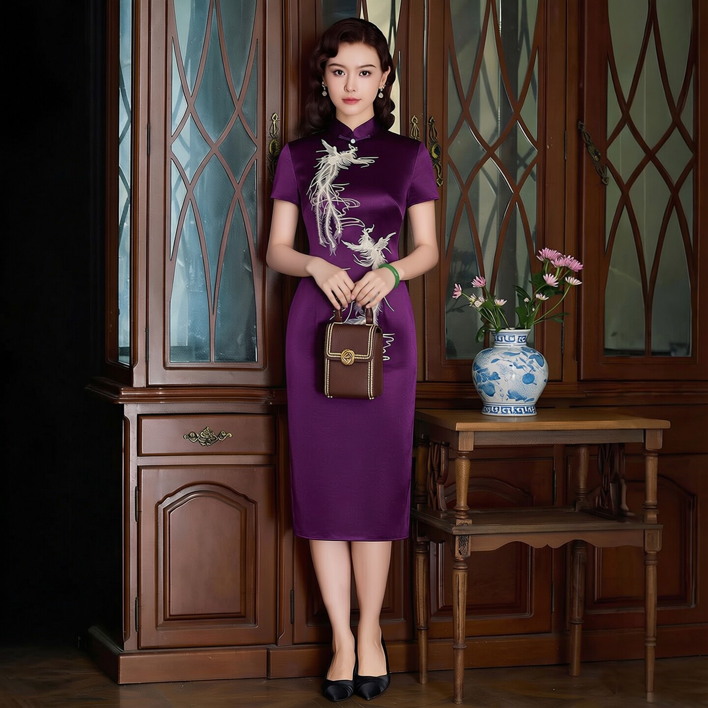 醋酸缎面旗袍七分袖中长款妈妈婚礼气质显年轻敬酒服新娘高端大气