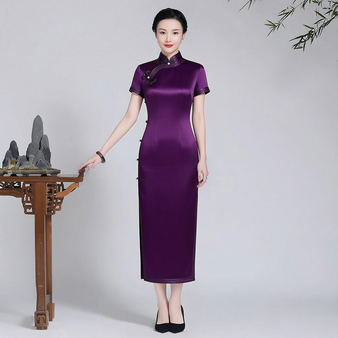 高端醋酸缎面旗袍长款纯色女儿结婚妈妈穿的服装新娘高级感年轻款