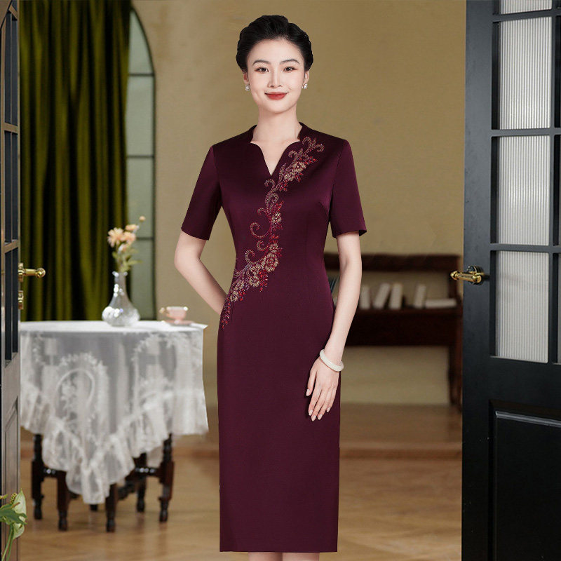 高端婚礼小个子妈妈礼服旗袍式连衣裙后开叉新中式女装婚宴中国风