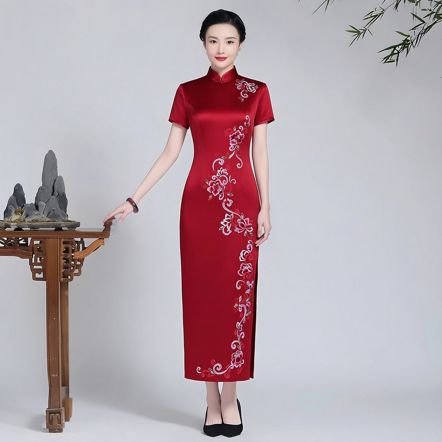 新款醋酸缎改良旗袍连衣裙喜婆婆婚宴结婚礼妈妈装礼服敬酒服长款