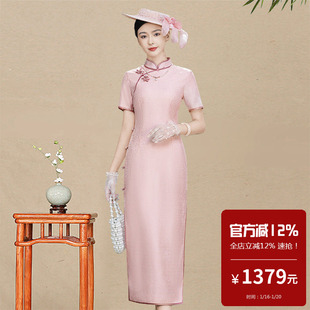 真丝桑蚕丝旗袍长款短袖日常生活装老上海复古传统老式改良版海派