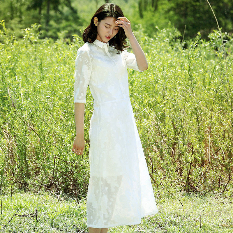 原创设计品牌 原时印象 白色清透提花衬衫式女神长连衣裙 花凝