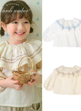 Amber韩国正品童装 儿童清新碎花卉内搭长袖上衣纽扣衬衫haha童装