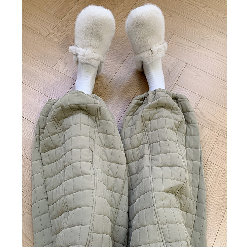 卡其色夹棉裤子女冬2025新款小个子高腰束脚运动裤加绒加厚阔腿裤