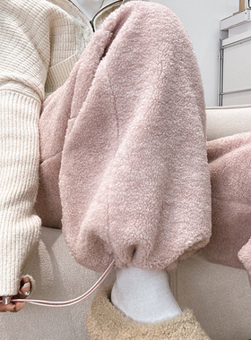 灰色韩系休闲泰迪绒阔腿裤女秋冬季2025款高腰羊羔绒直筒运动卫裤