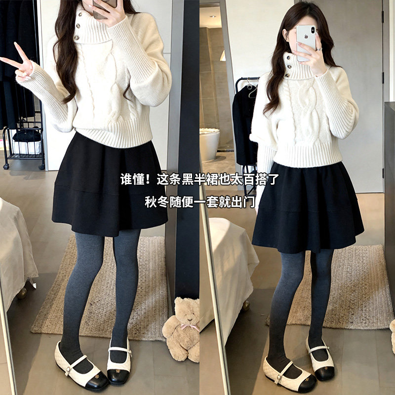 毛呢黑色半身裙短裙女秋冬季2026新款a字伞裙小个子五分花苞半裙