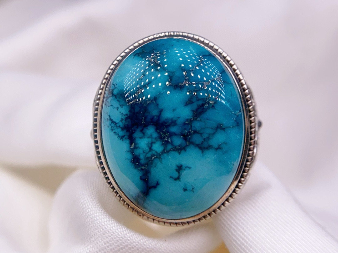湖北十堰天然原矿无优化高瓷蓝精品绿松石水草纹乌兰花男款戒指