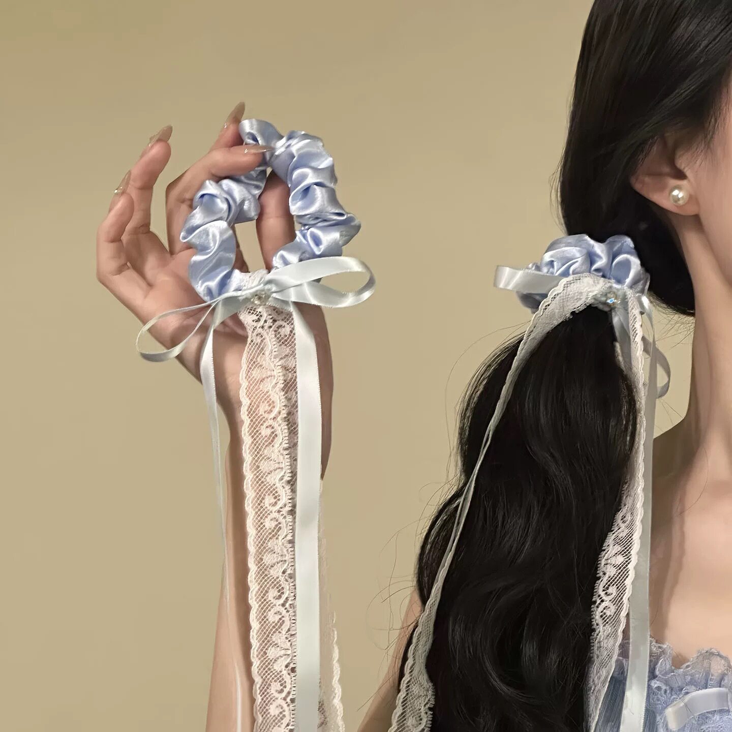 原创甜美蕾丝缎面蝴蝶结发圈