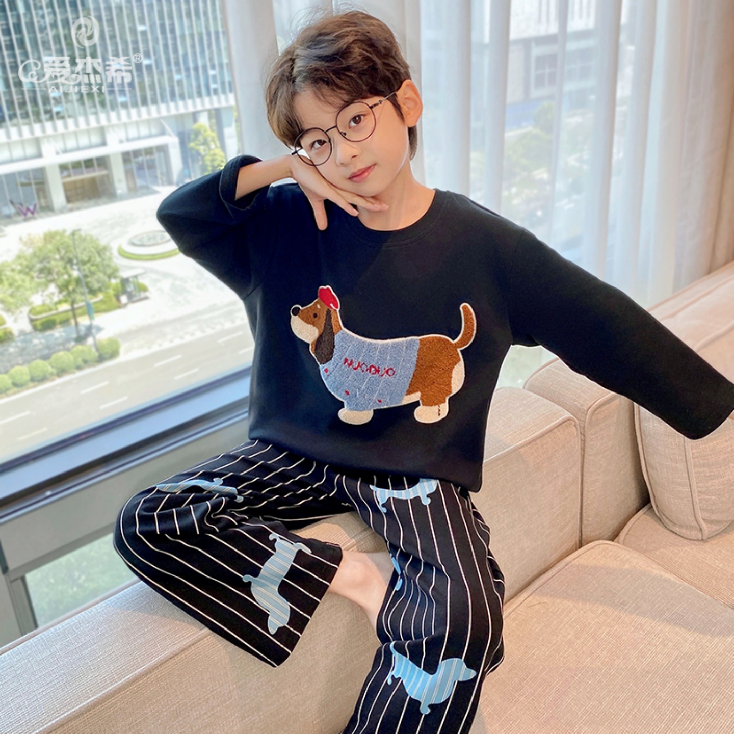 男童睡衣长袖春秋款14岁早秋圆领