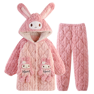 女童珊瑚绒睡袍秋冬三层夹棉