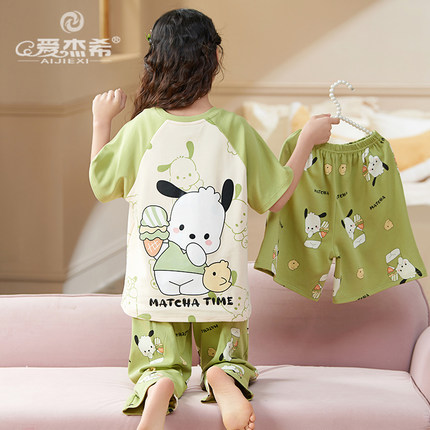 2025新款三件套睡衣女童夏季薄款纯棉短袖长裤儿童女孩春秋家居服