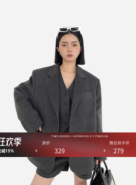 HONORE古月 高奢角度 粗织斜纹阔型西装V领马甲休闲短西裤三件套