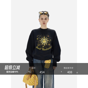 HONORE古月 复古百搭松弛慵懒 圆领短款 图腾印花加绒卫衣 太阳神