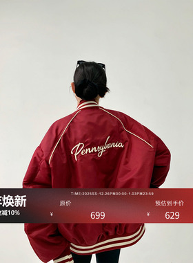 HONORE古月 秀场慵懒高街Athflow 美式复古刺绣红色羽绒棒球服女