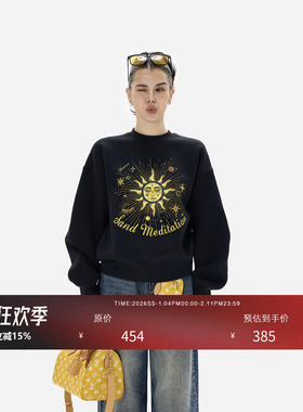 HONORE古月 太阳神 复古百搭松弛慵懒 圆领短款图腾印花加绒卫衣