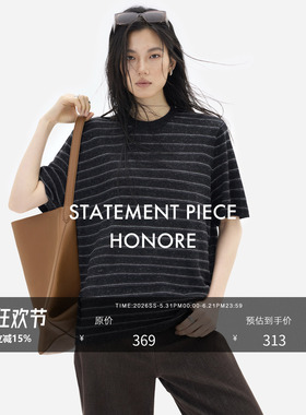 HONORE古月 圆领花纱杂色条纹设计 针织圆领百搭宽松落肩大T恤